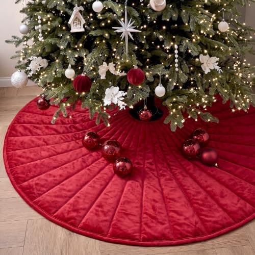 48 Inch Dusty Velvet Quilted Christmas Tree Skirt, Red - Image 5