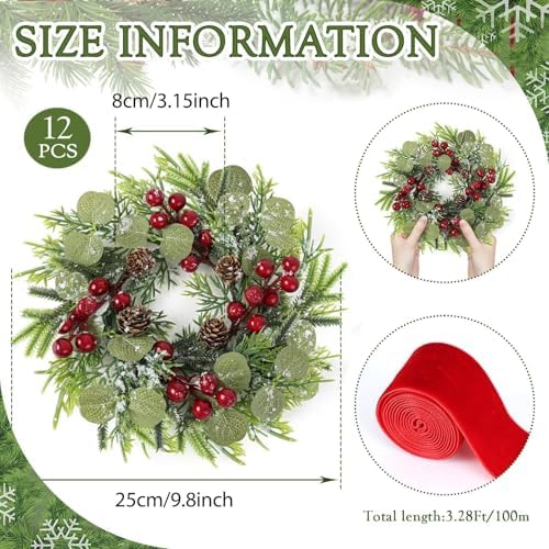 12 Pcs 9 Inch Christmas Artificial Wreaths for Kitchen Cabinet Norfolk Pine Garland with Red Berries Pinecones Wreaths Swags Snowy Pine Candle Rings Holder for Christmas Decorations Table Centerpiece - Image 3