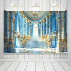 Leowefowa Luxurious Golden Hall Backdrop 8x6ft Glod Handrail Interior Stairway Chandeliers Photography Background for Wedding Blue Gold Palace Banner Masquerade Party Theme Decor Vinyl - Image 3