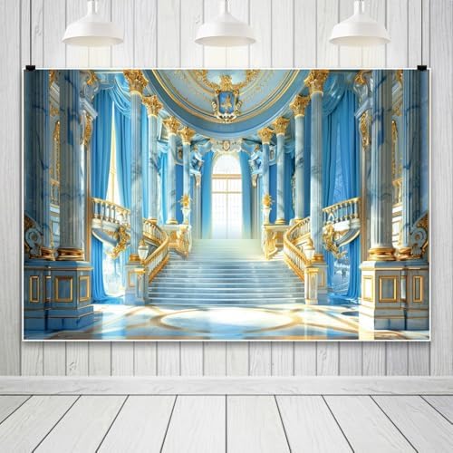 Leowefowa Luxurious Golden Hall Backdrop 10x8ft Glod Handrail Interior Stairway Chandeliers Photography Background for Wedding Blue Gold Palace Banner Masquerade Party Theme Decor Vinyl - Image 3