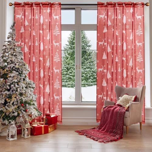 Christmas Sheer Curtains for Living Room, Xmas Print Pattern Sheer Curtain, Holiday Rod Pocket Window Drapes Decorations for Bedroom and Home Decor, 2 Panels Red 52W x 84L - Image 2