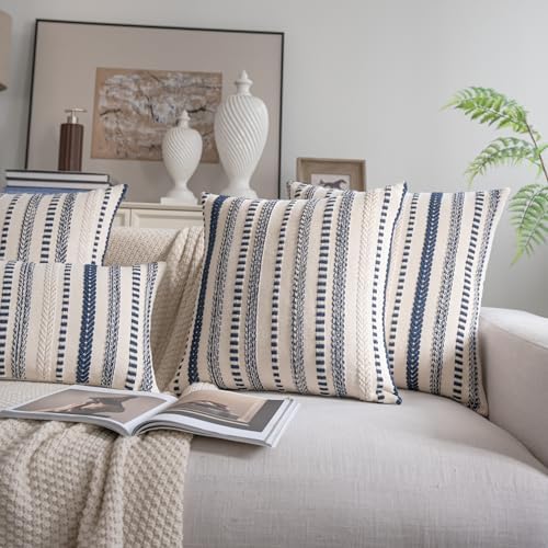 Cethom Navy Blue Boho Throw Pillow Covers 22x22 Inch Set of 2, Stripe Textured Decorative Couch Pillow Cases for Bed, Sofa, Living Room, Bedroom, Farmhouse Home Accent Cushion Covers - Image 2