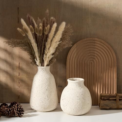 Ceramic Vase Set of 2 for Home Decor, Handcrafted Sesame Dot White Rustic Terracotta Vases, Vintage Farmhouse Decor, Minimalist Decorative Vases for Table Centerpiece Fireplace Nightstand Decoration - Image 4