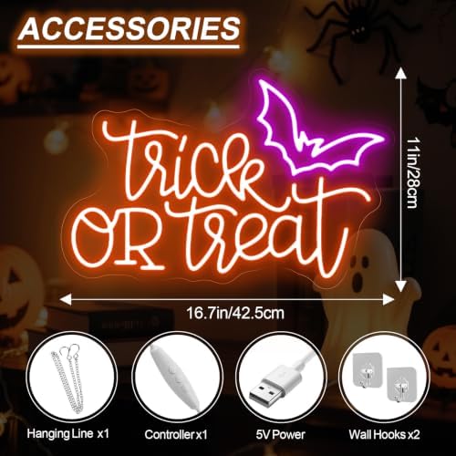 Trick or Treat Neon Sign, Halloween Bat LED Wall Decor Light 16.7x11 Inch - Image 2