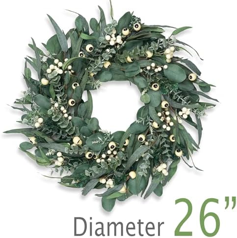 Wreaths for Front Door 26 Inch, All Season Greenery Wreath Olive Eucalyptus Leaves and White Mixed Berry for Indoor Outdoor Farmhouse Home Porch Wall Window Festival Wedding Decor - Image 3