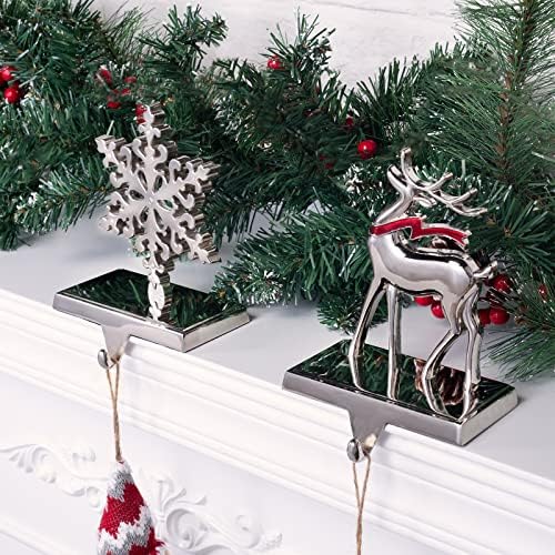 Christmas Stocking Holders, Set of 2 Snowflake & Reindeer Silver Stocking Holder, Weighted Personalized Christmas Stockings Hanger for Mantel, Stocking Hooks for Mantle Fireplace Christmas Decorations - Image 3