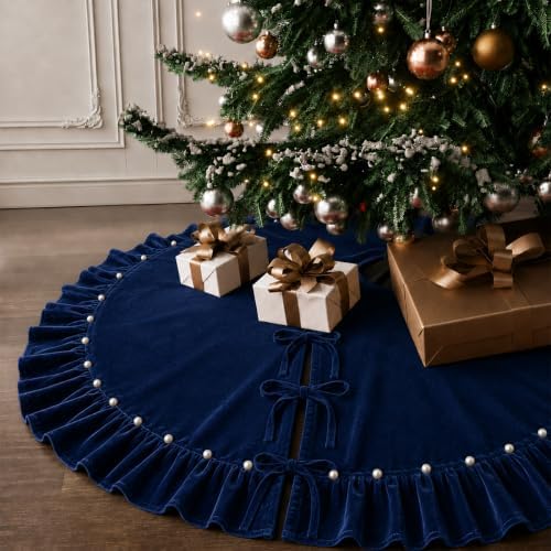 Nevy Velvet Christmas Tree Skirt with Ruffled Edge&Pearl,60" by DegGod