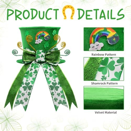 nuvagiki St. Patrick's Day Tree Topper Hat, Green Velvet Top Hat Tree Topper with Shamrock Ribbon Bow, St. Patrick's Tree Tooper Ornaments Decorations for Home Indoor, St. Patrick's Day Gifts - Image 4