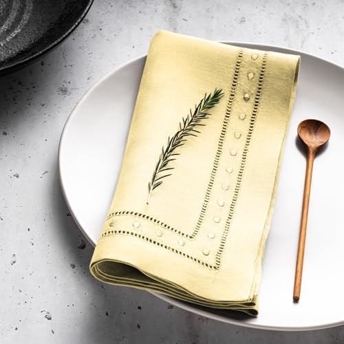 100% Pure Linen Napkins Yellow with Embroidered Dot Set of 4, 18 x 18 Inch - Image 3