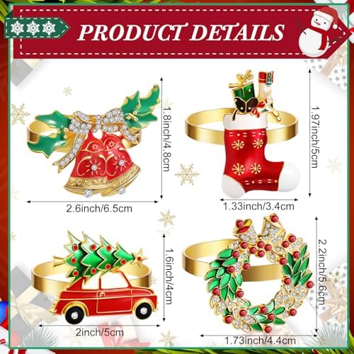 Ziliny 16 Pcs Cotton Christmas Napkins and Rings Set, 8 Washable Thanksgiving Napkins Cloth, 8 Xmas Napkin Rings for Xmas Dinner Party Table Decoration(Bells Cars Socks) - Image 2