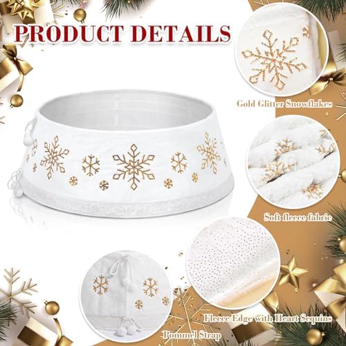 DoreenBow Christmas White Tree Collar Ring, 30'' Plush Gold Snowflake Sequin Tree Skirt, Christmas Artificial Tree Base Stand Cover, Xmas Tree Decorations Ornaments for Home Party Holiday - Image 3