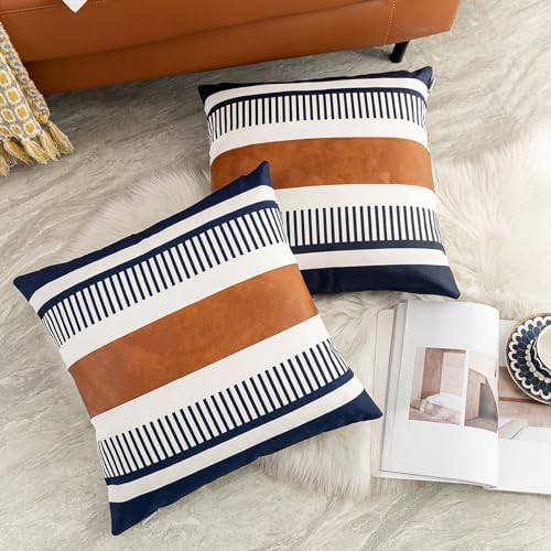 Set of 2 Large Throw Pillow Covers 24x24 Neutral Decorative Pillow Case for Sofa Couch Bed Faux Leather Accent Square Cushion Cover, Modern Farmhouse Decor - Image 6