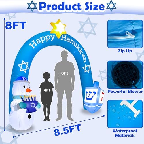 8 FT Hanukkah Inflatable Outdoor Decorations-Giant Chanukah Blow Up Inflatable Arch with Snowmen & Dreidel-Built in 5 LED Lights,Hanukkah Outdoor Decorations for Holiday Lawn Yard Garden Decor - Image 3