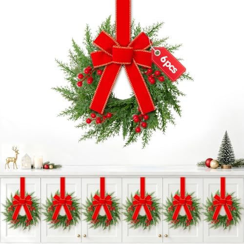 6 Pcs Mini Wreaths for Cabinets with Bow, Realistic Small Christmas Wreath by Yastouay