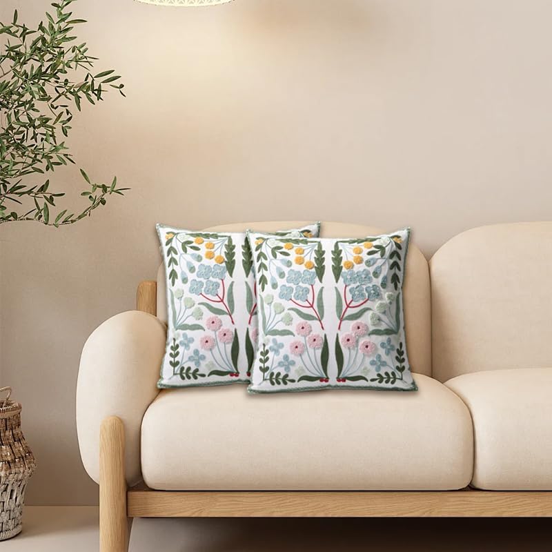 Pack of 2 Embroidered Decorative Throw Pillow Cover 18x18 Inch Farmhouse Floral Pillowcase for Living Room Sofa Bed (Blue Floral) - Image 5