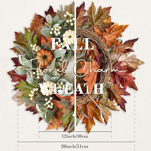 Fall Wreath for Front Door, 20'' Autumn Pumpkin Wreath with Cream Berries, Greenery, Lamb Ear & Maple Leaves, Thanksgiving Harvest Fall Decorations for Home Porch Wall Window Indoor Outdoor - Image 5