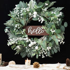 Winter Wreaths Front Door, Soomeir 24 Inch Winter Door Wreath with Snow Leaves, Pines Needles and Hello Wooden Sign for Home Window Mantle Indoor Outdoor Decor - Image 2