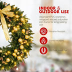 VINGLI 36 Inch Prelit Christmas Wreath, Lighted Christmas Wreath for Front Door, Window, Fireplaces, Indoor Decorate, with 100 LED Lights, 350 Tips, Bow, Pine Cones, Gold Ornaments (Plug-in) - Image 3