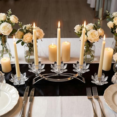 Crystal Lotus Taper Candle Holders, 3 Arms Metal Crystal Candlesticks, Decorative Flower-Shaped Candle Holders for Dining Table Centerpiece, Wedding, Home & Holiday Decor (Clear, Set of 3) - Image 6