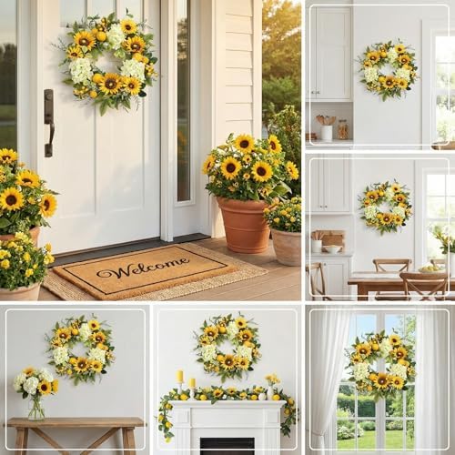 Sunflower Wreath with Hydrangeas, Lemons, Big Berry,Summer Wreath for Front Door, Unique Housewarming Gift,mother'day Gift,Farmhouse Porch Decor, Wall Decor-22IN - Image 2