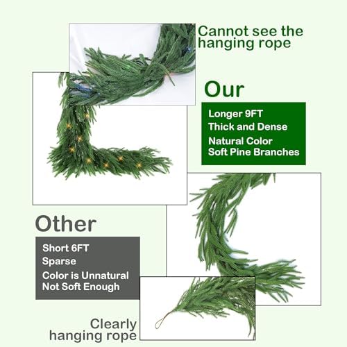TW SHINE 9FT Pre-Lit Christmas Garland with Lights, 50 LED Lighted Artificial Norfolk Pine Garlands, Christmas Decorations for Indoor Outdoor Mantle Stairs Fireplace Decor, Warm White - Image 3