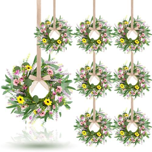 8 Pcs 9" Mini Spring Summer Flowered Wreath Floral Wedding Candle Rings Wreaths Kitchen Cabinet Wreaths with Ribbon for Pillars Wedding Table Centerpiece Farmhouse Party Home Door All Seasons Decor by Unknown