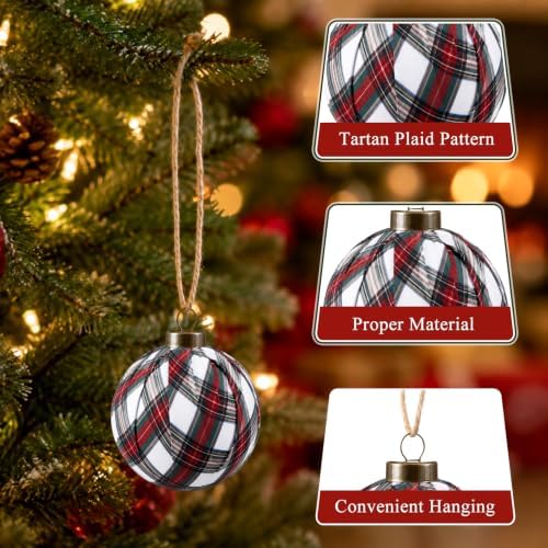 Hollowfly 24 Pcs 2.36 Inch Christmas Tartan Plaid Ball Ornaments Vintage Large Buffalo Plaid Balls Christmas Tree Hanging Ornament Rustic Ball Pendant Hanging Decor for Xmas Tree Party(Beige) - Image 3