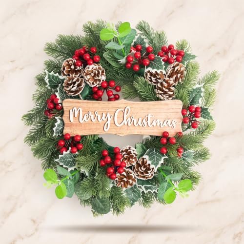 20" Merry Christmas Wreaths for Front Door Winter with Pine Needles Eucalyptus Holly Leaves Pine Cones Red Berries for Indoor Outdoor Home Wall Decor Decoration by Unknown