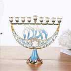 Hand Painted Blue Enamel Menorah Candelabra with a Star of David and - Image 6