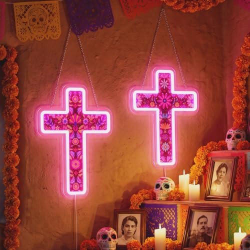 Rossesay 2 Pcs Day of The Dead Neon Sign, Cross Neon Light up Wall Decor - Image 6