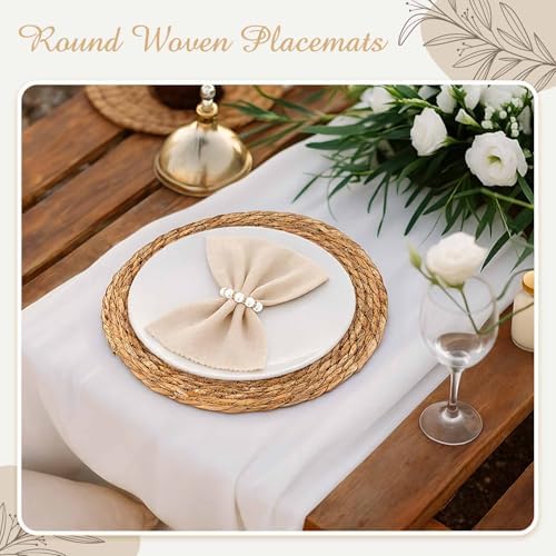 100 Set 12 Inch Round Woven Placemats with Pearl & Rhinestone Napkin Rings - Image 5