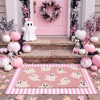 Honoson 2 Pcs Pink Ghost Halloween Doormat Set, Coir Striped Layer Rug - Image 6