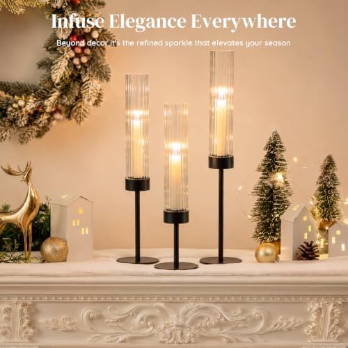 Glasseam Hurricane Taper Candle Holders, 3Pcs Black Candlestick for Mantle - Image 3