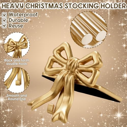 MorningRo 6 Pcs Gold Bow Christmas Stocking Holder Heavy Duty Cast Iron Gold Christmas Double Bow Stocking Holder Xmas Home Metal Decoration for Mantle Fireplace Shelf Staircase Decoration - Image 6