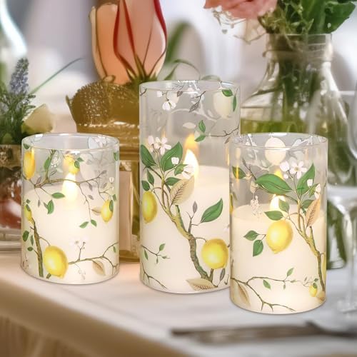 Flameless LED Candles with Remote Lemon Decal Glass Flickering Battery Operated Candles for Home Room Party Wedding Holiday Christmas Decor - Set of 3 - Image 4