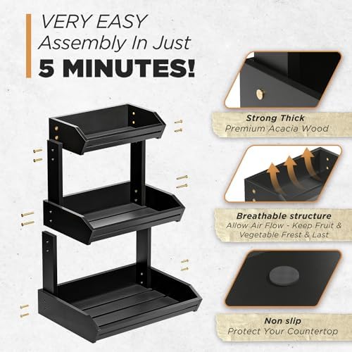 HOLANA Acacia 3 Tier Fruit Basket, Easy Assembly, Versatile Use (Black) - Image 3