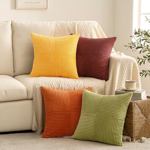 MIULEE Fall Yellow Orange Rust Throw Pillow Covers 18x18 Inch 4 Packs Boho Farmhouse Decorative Color-Clash Pillow Cases Soft Cushion Cases for Couch Sofa Bed Corduroy Striped Home Decor - Image 4