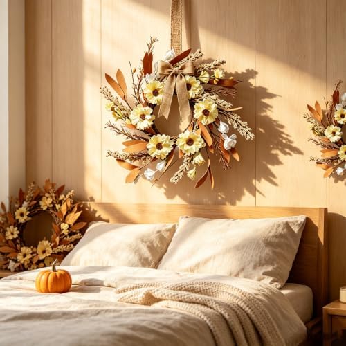 6 Pcs Small Fall Hanging Wreaths with Artificial Autumn Yellow Daisies Brown Foliage White Buds Beige Spikes Mini Cabinet Wreath for Home Table Centerpieces Kitchen Farmhouse Thanksgiving Party Decor - Image 3