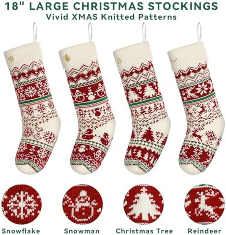 LIBWYS Knit Christmas Stockings with Patterns Reindeer, Tree, Snowflake, Snowman-4 Pack 18 Inch Large Knit Stockings, Personalized Christmas Stockings with DIY Name Tags for Family Holiday Decor - Image 6