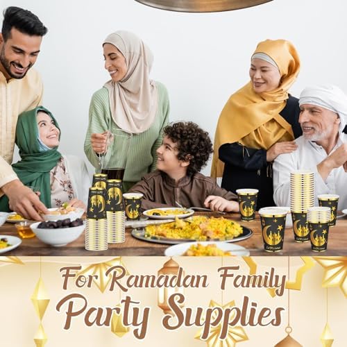 Domensi 100 Pack Eid Mubarak Paper Cups Gold Foil Disposable, Black - Image 4