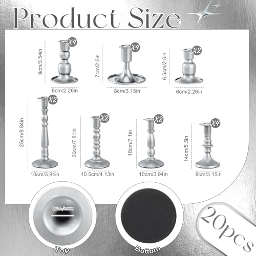 Mumufy 20 Pcs Matte Candlestick Holders, Metal Wedding Taper Candle Holders Vintage Candles Stand Set, Candle Stick Decor for Mantel Table Centerpiece Wedding Dining Table Decor Mantelpiece (Silver) - Image 2