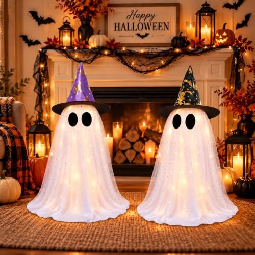 2 Pack Lighted White Ghost Halloween Decorations with Witch Hats, Telescopic Height Adjustable 12.35 to 21.65 Inches, 8 Lighting Modes Battery Operated, Halloween Indoor Decor for Table Mantel - Image 7