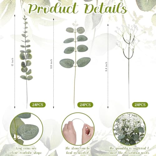 Glass Bud Vases Set of 12 and Artificial Plants Stems in Glass Vase Artificial Eucalyptus Baby's Breath Fake Plants Greenery for Rustic Farmhouse Wedding Table Centerpieces(Amber) - Image 3