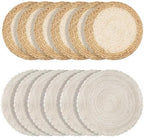Handmade Round Boho Placemats Set of 6 | Natural Woven & Polyester Braided Combo Table Mats | 12-Piece Versatile Place Mats | Simple Rustic Farmhouse Style Dining Table Decor by Rakkime