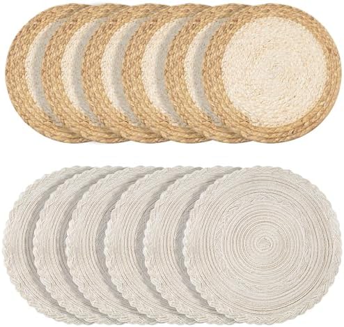 Handmade Round Boho Placemats Set of 6 | Natural Woven & Polyester Braided Combo Table Mats | 12-Piece Versatile Place Mats | Simple Rustic Farmhouse Style Dining Table Decor by Rakkime