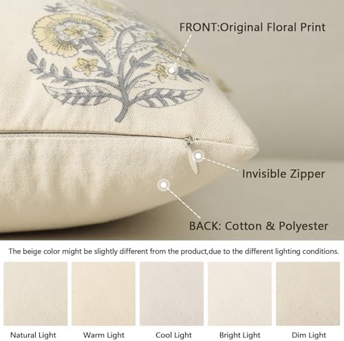 Summer Vintage Floral Print Pillow Covers 22x22 Set of 2 Patterned Accent Decorative Cushion Covers Modern Farmhouse Throw Pillow Covers for Sofa Couch Chair Bed Living Room Home Decor, Mellow Yellow - Image 3