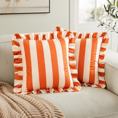 vctops Ruffle Square Throw Pillow Covers Boho Pink and Red Striped Decorative Pillowcases Set of 2, Soft Velvet Accent Cushion Cover Cases for Sofa Bed Living Room Decor (Orange Beige,18"x18") - Image 2