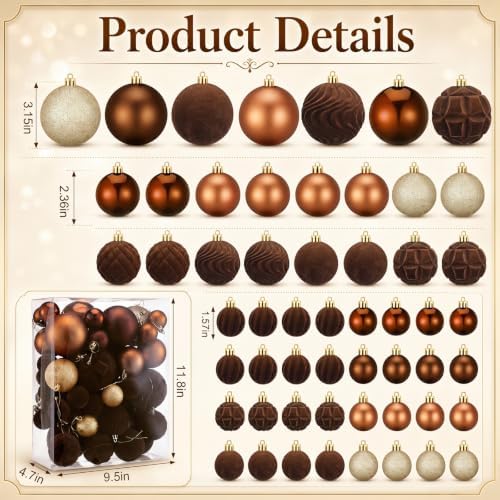 Hollowfly Brown 56 Pcs Velvet Christmas Balls Ornaments Set - Image 3