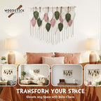 WOODSTICK Large Macrame Wall Hanging 39"W x 29.5"L - Boho Wall Decor in Beige, Old Pink & Green - Chic Woven Leaf Leaves Boho Tapestry, Handmade Cotton Fiber Art, Macrame Wall Décor, Bedroom Tapestry - Image 5