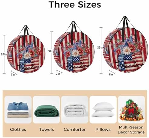 4th of July Round Storage Bag 24 Inch, Red Floral Vases Rustic USA Flag Clothes Storage Container with Handles Heavy Duty Organizer for Comforter, Bedding & Holiday Wreaths - Image 7